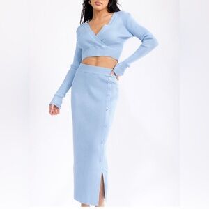 LONG SLEEVE SURPLICE CROP TOP & ELASTIC WAIST MAXI SKIRT RIBBED 2PC. SET